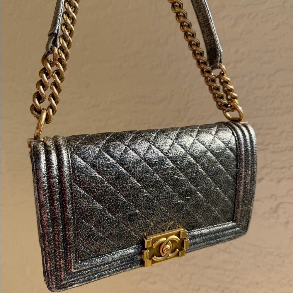 CHANEL Boy Medium Calfskin Metallic Silver With Gold Hardware And Chain Strap